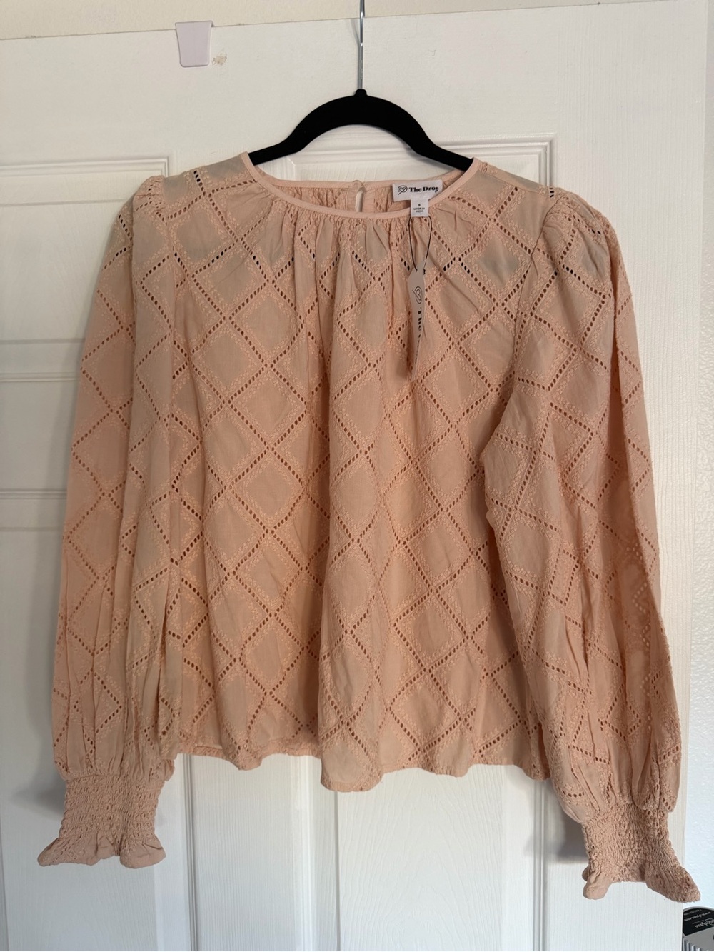 The Drop Blush Diamond Eyelet Long-Sleeve Blouse
